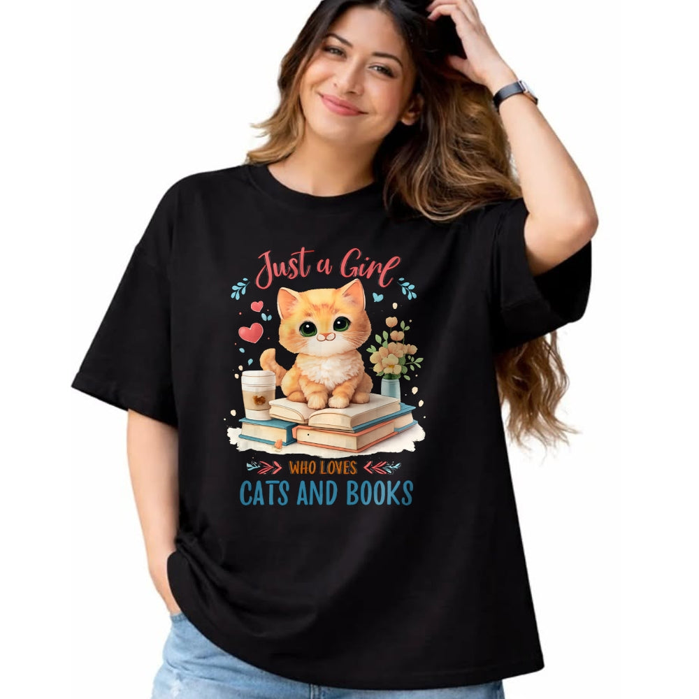 Cat Love Shirt, Funny Cat Lover Gift UnisexT-Shirt/Hoodie/Sweatshirt HLT00 - Just a Girl Who Loves Cats and Books Reading Cat & Bookworm Long Sleeve T-Shirt