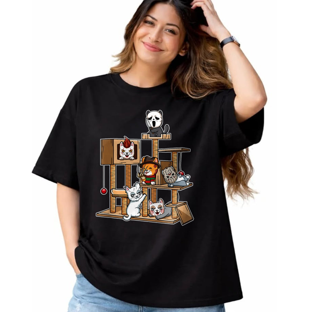 Cat Love Shirt, Funny Cat Lover Gift UnisexT-Shirt/Hoodie/Sweatshirt HLT00 - Funny Horror Movie Kitten Playing On Cat Tree T-Shirt