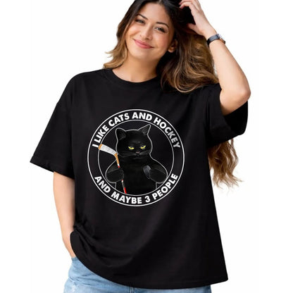 Cat Love Shirt, Funny Cat Lover Gift UnisexT-Shirt/Hoodie/Sweatshirt HLT00 - I Like Cats and Hockey and Maybe 3 People Funny Black Cats T-Shirt, Men, Black, 3X-Large