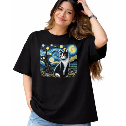 Cat Love Shirt, Funny Cat Lover Gift UnisexT-Shirt/Hoodie/Sweatshirt HLT00 - Tuxedo Cat Starry Night Painting Tuxedo Cat Owner T-Shirt, Men, Black, 3X-Large