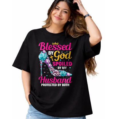 Best Husband Shirt, Wife and Husband Unisex T-Shirt/Hoodie/Sweatshirt HLT00 - Christian Wife Jesus Blessed by God Spoiled by My Husband T-Shirt