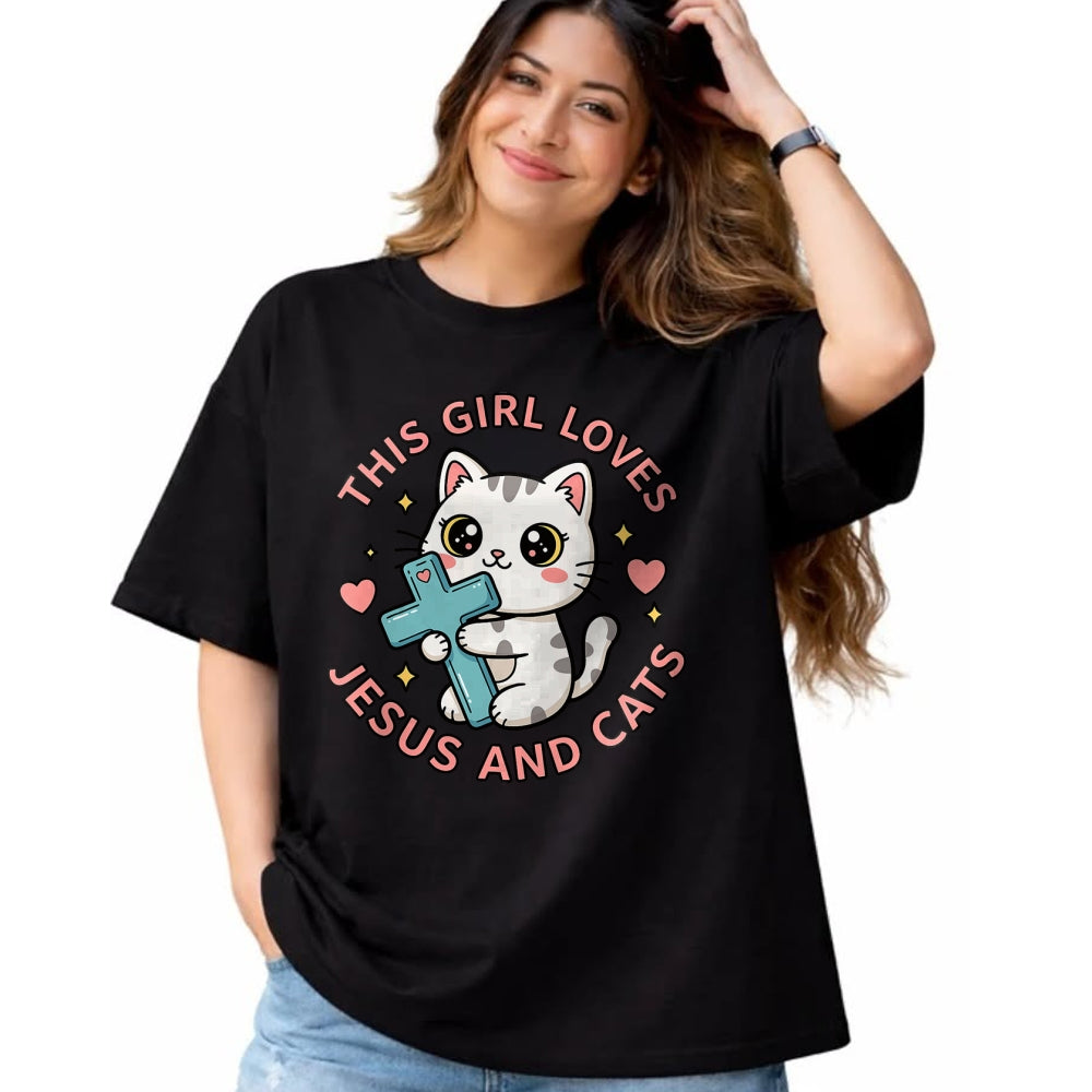 Cat Love Shirt, Funny Cat Lover Gift UnisexT-Shirt/Hoodie/Sweatshirt HLT00 - Christian This Girl Loves Jesus and Cats Cat Hugging Cross T-Shirt