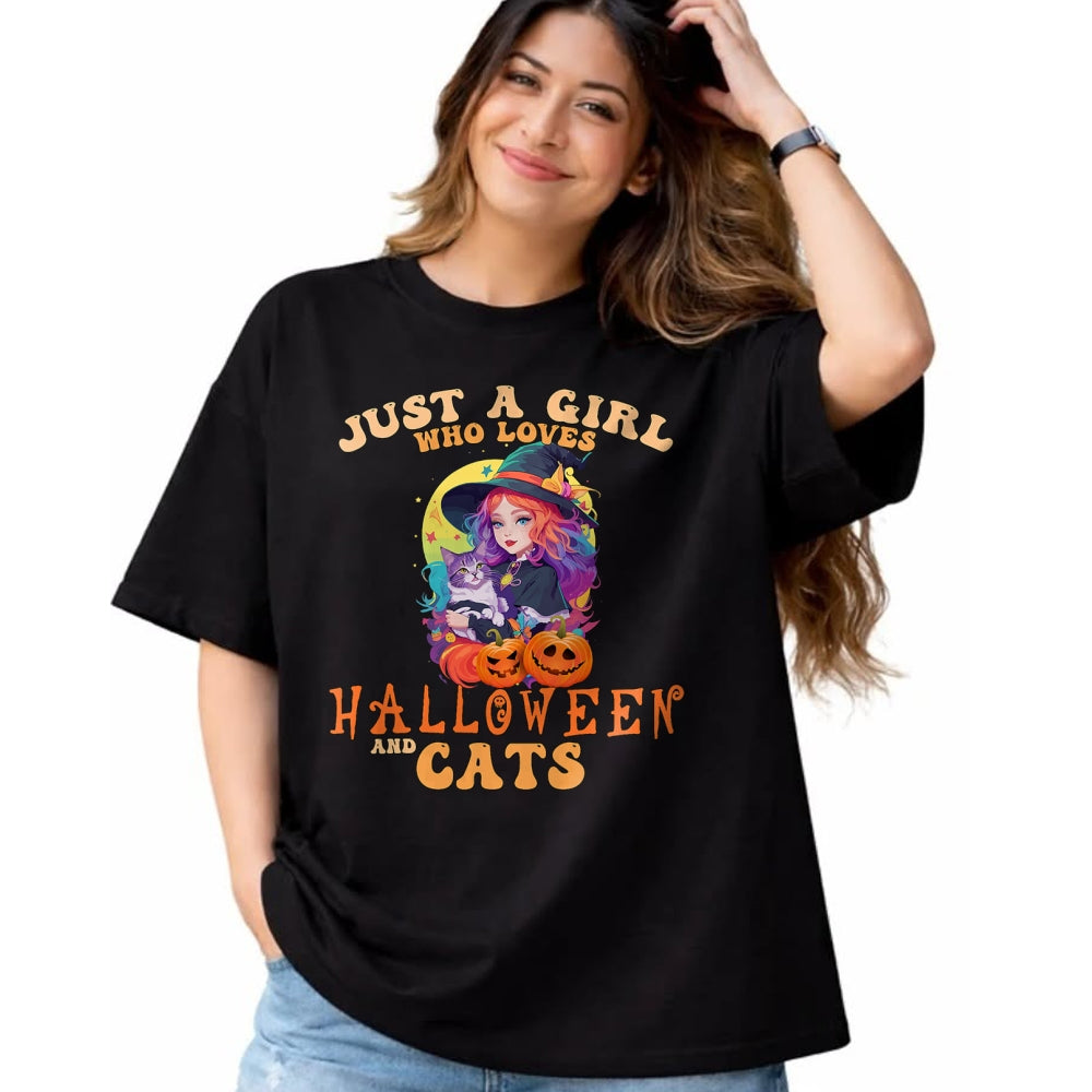Shirt, Funny Cat Lover Gift UnisexT-Shirt/Hoodie/Sweatshirt HLT00 - Just A Girl Who Loves Halloween and Cats Spooky Fall Pumpkin T-Shirt (1)