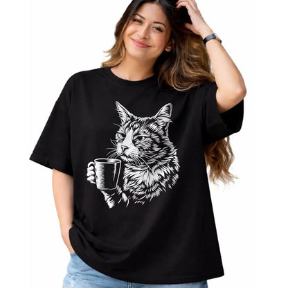 Cat Love Shirt, Funny Cat Lover Gift UnisexT-Shirt/Hoodie/Sweatshirt HLT00 - Cat Drinking Coffee Lover Barista Funny Animal Tired Cat T-Shirt