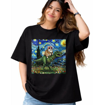 Cat Love Shirt, Funny Cat Lover Gift UnisexT-Shirt/Hoodie/Sweatshirt HLT00 - Cat Riding Dinosaur T-Rex Starry Night Van Gogh Cat Lover T-Shirt