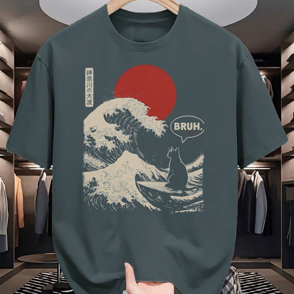 Cat Love Shirt, Funny Cat Lover Gift UnisexT-Shirt/Hoodie/Sweatshirt HLT00 - Bruh. The Great Wave Kanagawa Funny Japanese Surfing Cat T-Shirt, Men, Black, Large