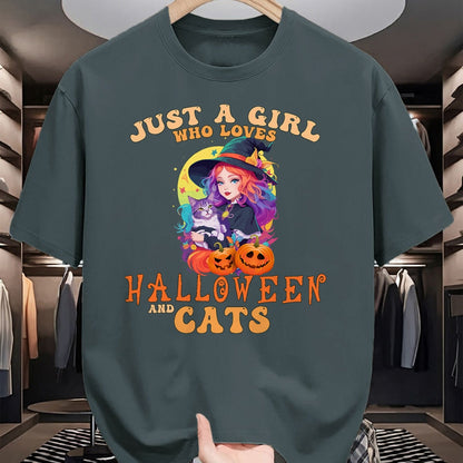Cat Love Shirt, Funny Cat Lover Gift UnisexT-Shirt/Hoodie/Sweatshirt HLT00 - Just A Girl Who Loves Halloween and Cats Spooky Fall Pumpkin T-Shirt