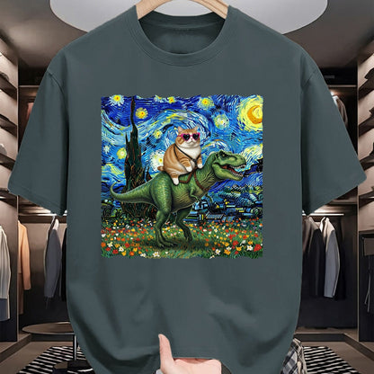 Cat Love Shirt, Funny Cat Lover Gift UnisexT-Shirt/Hoodie/Sweatshirt HLT00 - Cat Riding Dinosaur T-Rex Starry Night Van Gogh Cat Lover T-Shirt