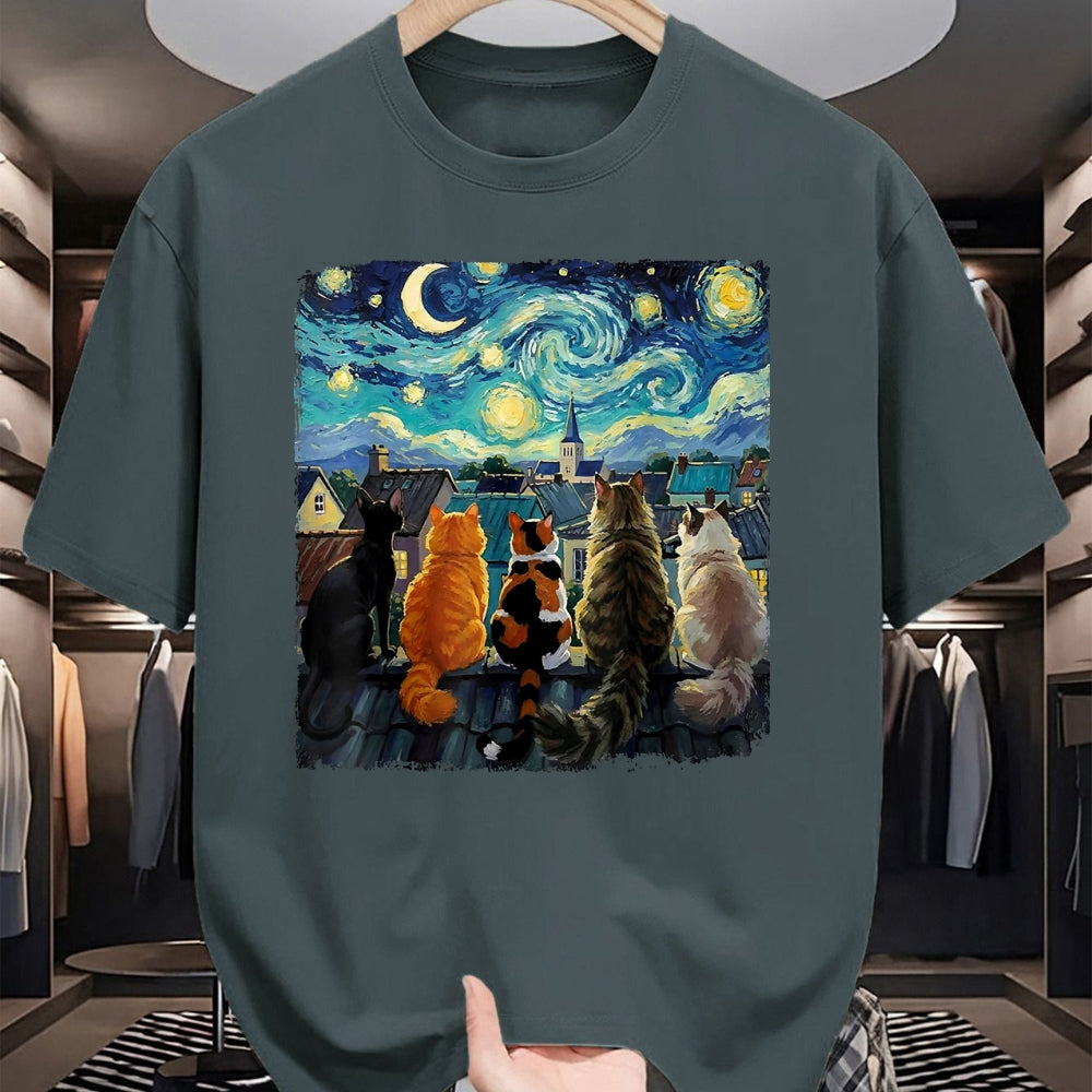 Cat Love Shirt, Funny Cat Lover Gift UnisexT-Shirt/Hoodie/Sweatshirt HLT00 - Funny Cat Starry Night Van Gogh Cats Rooftop Scene Feline T-Shirt, Women, Black, 3X-Large