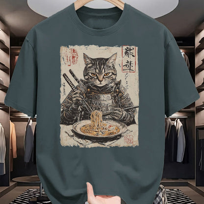 Cat Love Shirt, Funny Cat Lover Gift UnisexT-Shirt/Hoodie/Sweatshirt HLT00 - Samurai Cat Loves Ramen Funny Anime Japanese Artwork Samurai T-Shirt, Men, Black, X-Large