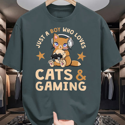 Cat Love Shirt, Funny Cat Lover Gift UnisexT-Shirt/Hoodie/Sweatshirt HLT00 - Just A Boy Who Loves Cats and Gaming Cute Gamer Cat T-Shirt, Men, Black, 3X-Large
