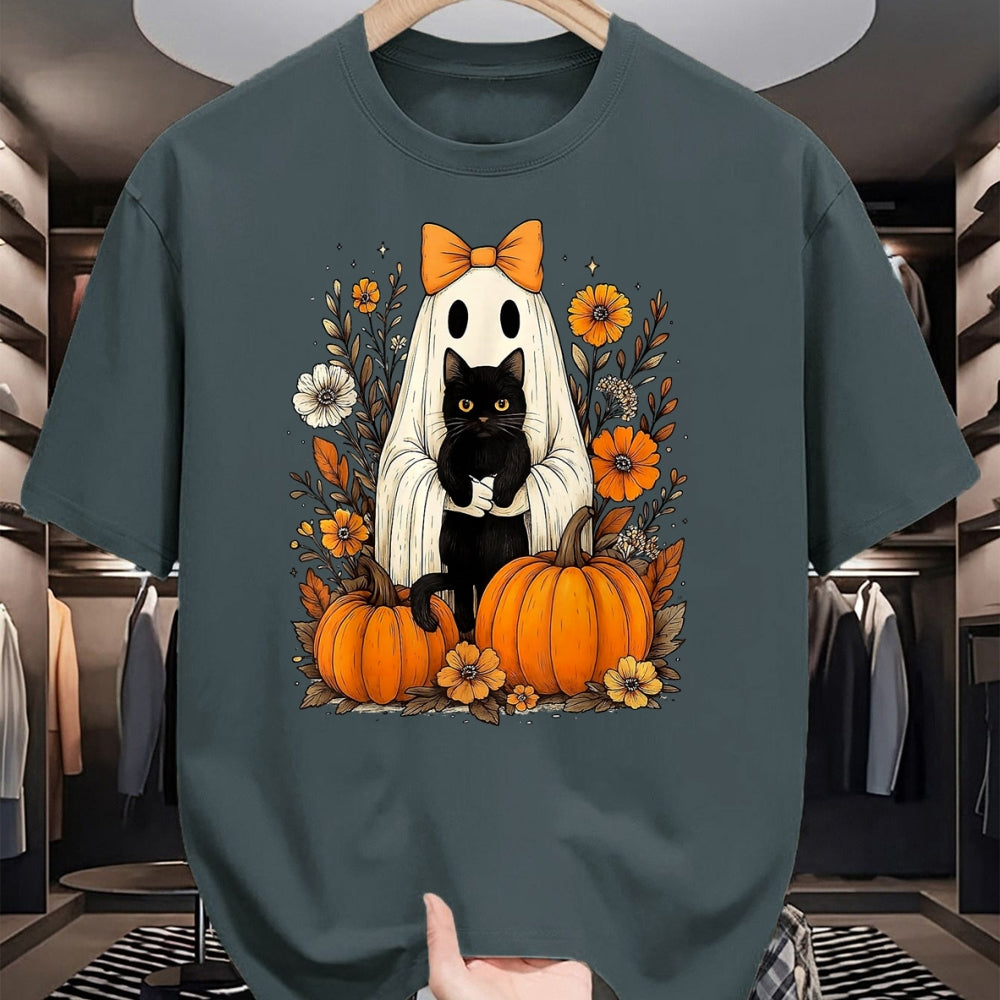 Cat Love Shirt, Funny Cat Lover Gift UnisexT-Shirt/Hoodie/Sweatshirt HLT00 - Vintage Halloween Ghost Holding Black Cat Groovy Floral T-Shirt, Women_s Plus, Black, 2X