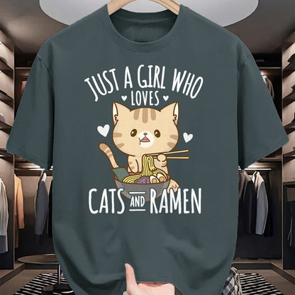 Cat Love Shirt, Funny Cat Lover Gift UnisexT-Shirt/Hoodie/Sweatshirt HLT00 - Just A Girl Who Loves Cats And Ramen T-Shirt