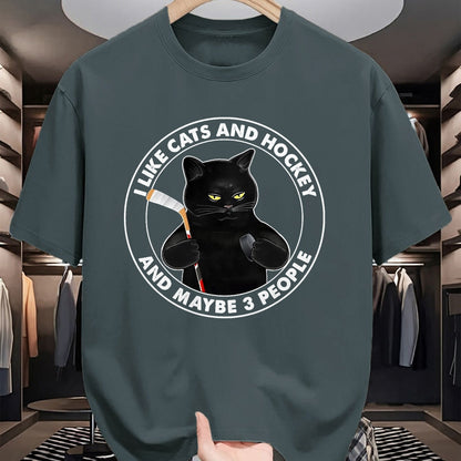 Cat Love Shirt, Funny Cat Lover Gift UnisexT-Shirt/Hoodie/Sweatshirt HLT00 - I Like Cats and Hockey and Maybe 3 People Funny Black Cats T-Shirt, Men, Black, 3X-Large