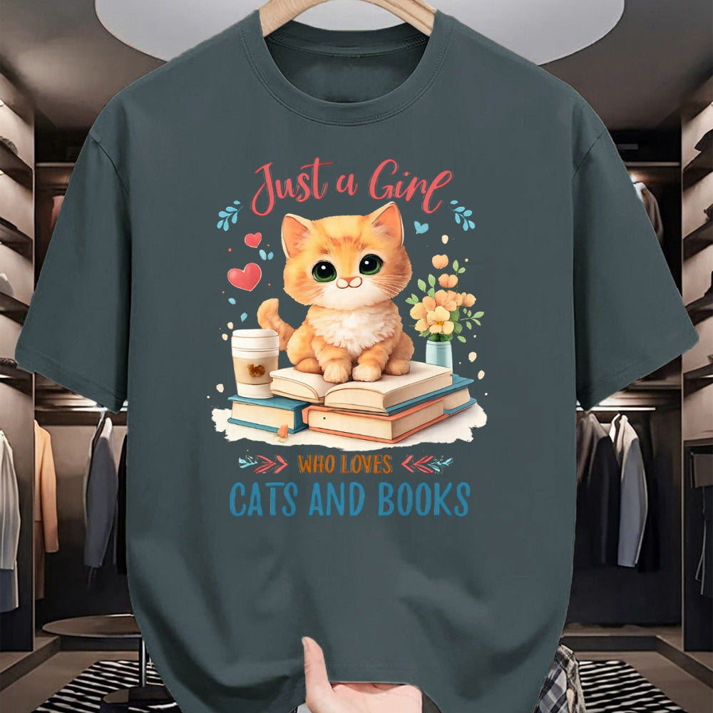 Cat Love Shirt, Funny Cat Lover Gift UnisexT-Shirt/Hoodie/Sweatshirt HLT00 - Just a Girl Who Loves Cats and Books Reading Cat & Bookworm Long Sleeve T-Shirt