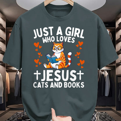 Cat Love Shirt, Funny Cat Lover Gift UnisexT-Shirt/Hoodie/Sweatshirt HLT00 - Just A Girl Who Loves Jesus Cats and Books Christian T-Shirt (1)