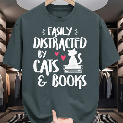 Cat Love Shirt, Funny Cat Lover Gift UnisexT-Shirt/Hoodie/Sweatshirt HLT00 - Easily Distracted by Cats and Books - Cat & Book Lover T-Shirt