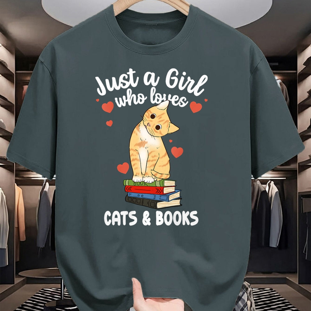 Cat Love Shirt, Funny Cat Lover Gift UnisexT-Shirt/Hoodie/Sweatshirt HLT00 - Just a Girl Who Loves Cats and Books Reading Cat & Bookworm T-Shirt