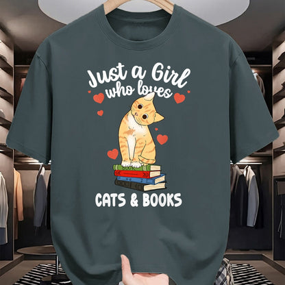 Cat Love Shirt, Funny Cat Lover Gift UnisexT-Shirt/Hoodie/Sweatshirt HLT00 - Just a Girl Who Loves Cats and Books Reading Cat & Bookworm T-Shirt