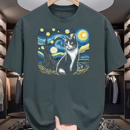 Cat Love Shirt, Funny Cat Lover Gift UnisexT-Shirt/Hoodie/Sweatshirt HLT00 - Tuxedo Cat Starry Night Painting Tuxedo Cat Owner T-Shirt, Men, Black, 3X-Large