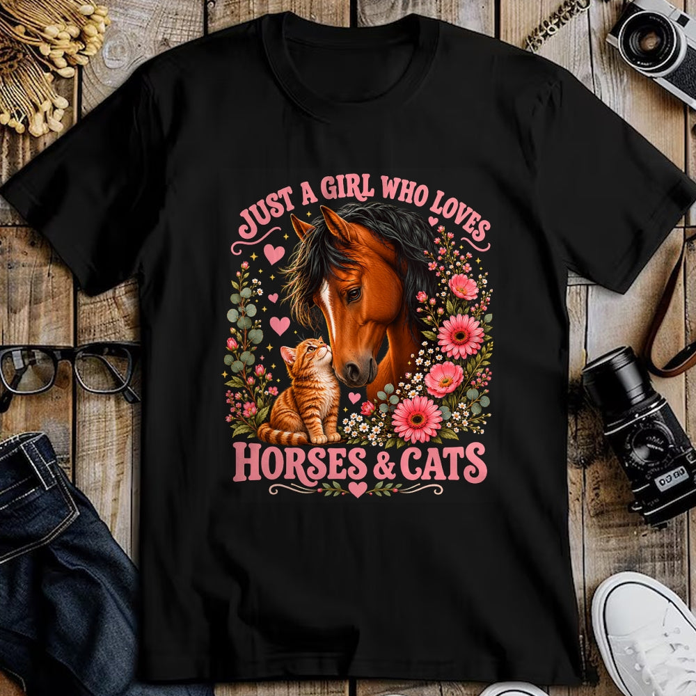 Cat Love Shirt, Funny Cat Lover Gift UnisexT-Shirt/Hoodie/Sweatshirt HLT00 - Just a Girl Who Loves Horses and Cats Floral Animal Lover T-Shirt