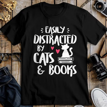Cat Love Shirt, Funny Cat Lover Gift UnisexT-Shirt/Hoodie/Sweatshirt HLT00 - Easily Distracted by Cats and Books - Cat & Book Lover T-Shirt
