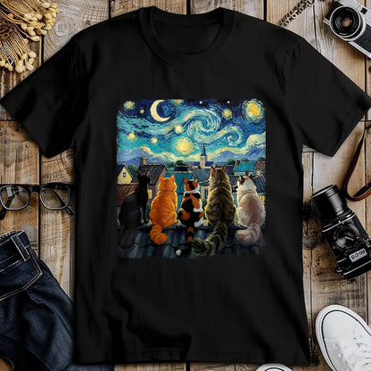 Cat Love Shirt, Funny Cat Lover Gift UnisexT-Shirt/Hoodie/Sweatshirt HLT00 - Funny Cat Starry Night Van Gogh Cats Rooftop Scene Feline T-Shirt, Women, Black, 3X-Large