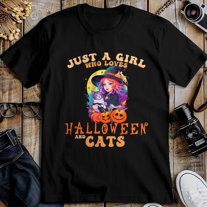 Shirt, Funny Cat Lover Gift UnisexT-Shirt/Hoodie/Sweatshirt HLT00 - Just A Girl Who Loves Halloween and Cats Spooky Fall Pumpkin T-Shirt (1)