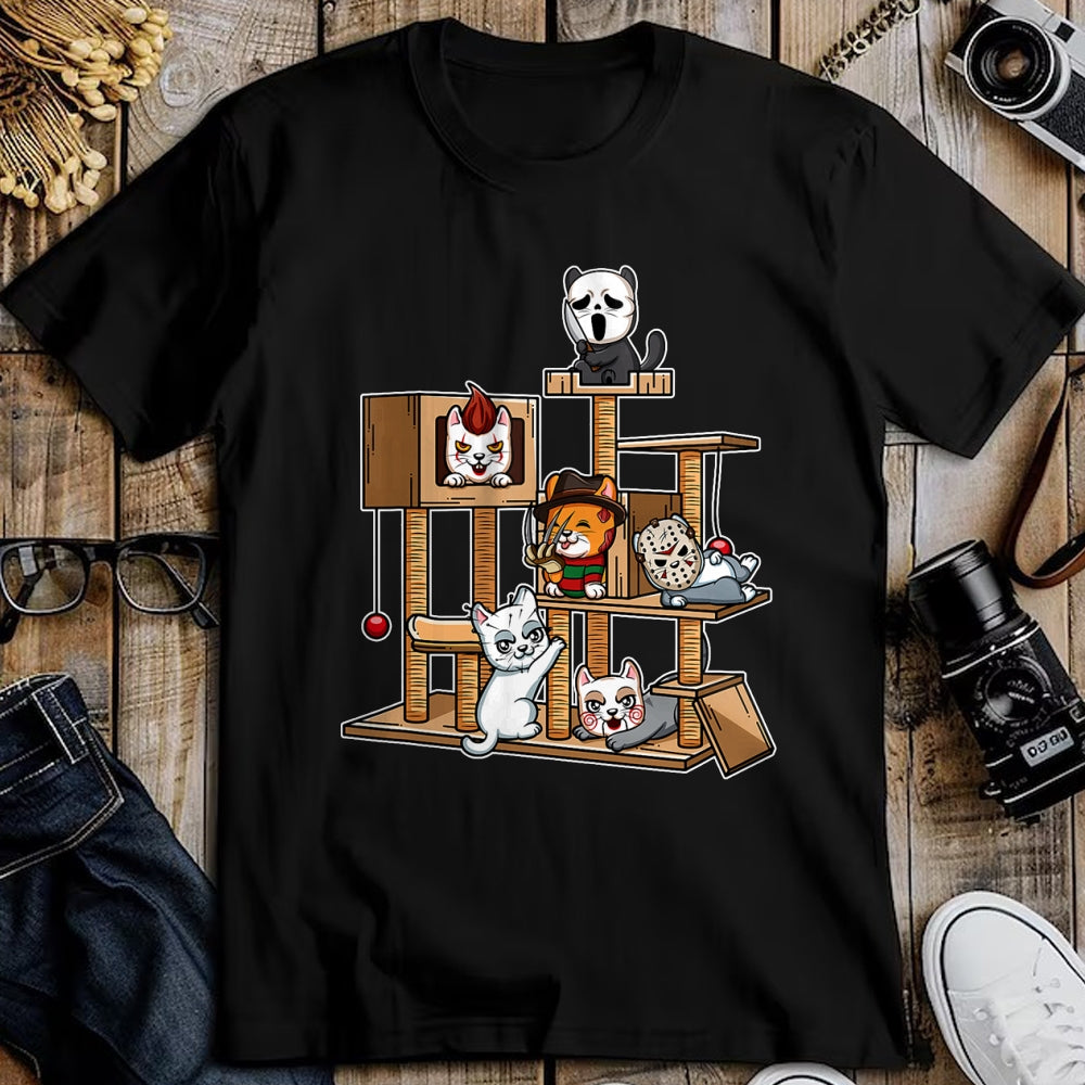 Cat Love Shirt, Funny Cat Lover Gift UnisexT-Shirt/Hoodie/Sweatshirt HLT00 - Funny Horror Movie Kitten Playing On Cat Tree T-Shirt