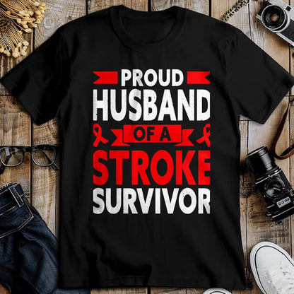 Best Husband Shirt, Wife and Husband Unisex T-Shirt/Hoodie/Sweatshirt HLT00 - Proud Husband of A Stroke Survivor Red Ribbon Support T-Shirt, Men, Heather Blue, 4X-Large