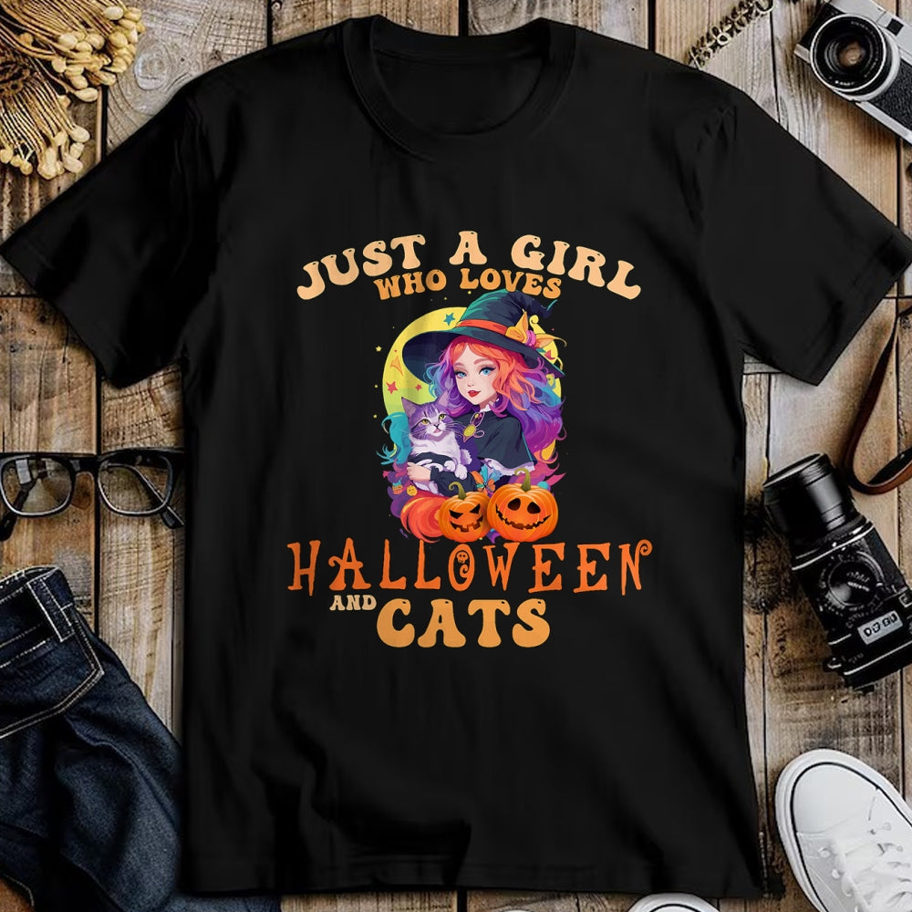 Cat Love Shirt, Funny Cat Lover Gift UnisexT-Shirt/Hoodie/Sweatshirt HLT00 - Just A Girl Who Loves Halloween and Cats Spooky Fall Pumpkin T-Shirt