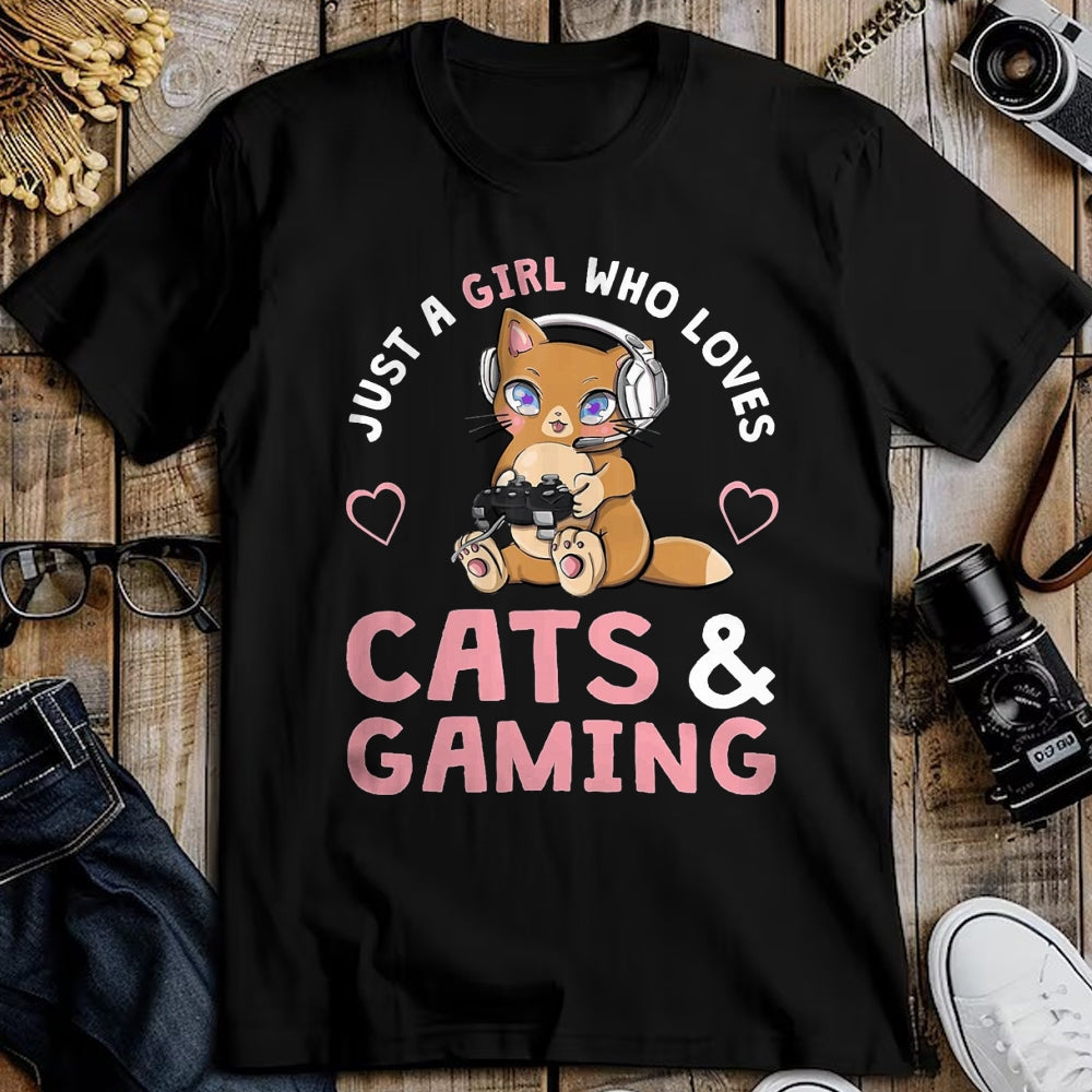 Cat Love Shirt, Funny Cat Lover Gift UnisexT-Shirt/Hoodie/Sweatshirt HLT00 - Just A Girl Who Loves Cats and Gaming Cute Gamer Cat T-Shirt, Men, Black, X-Large