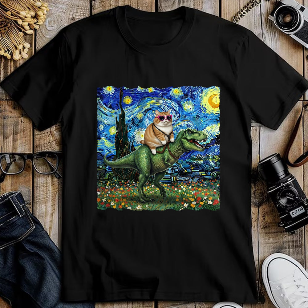 Cat Love Shirt, Funny Cat Lover Gift UnisexT-Shirt/Hoodie/Sweatshirt HLT00 - Cat Riding Dinosaur T-Rex Starry Night Van Gogh Cat Lover T-Shirt