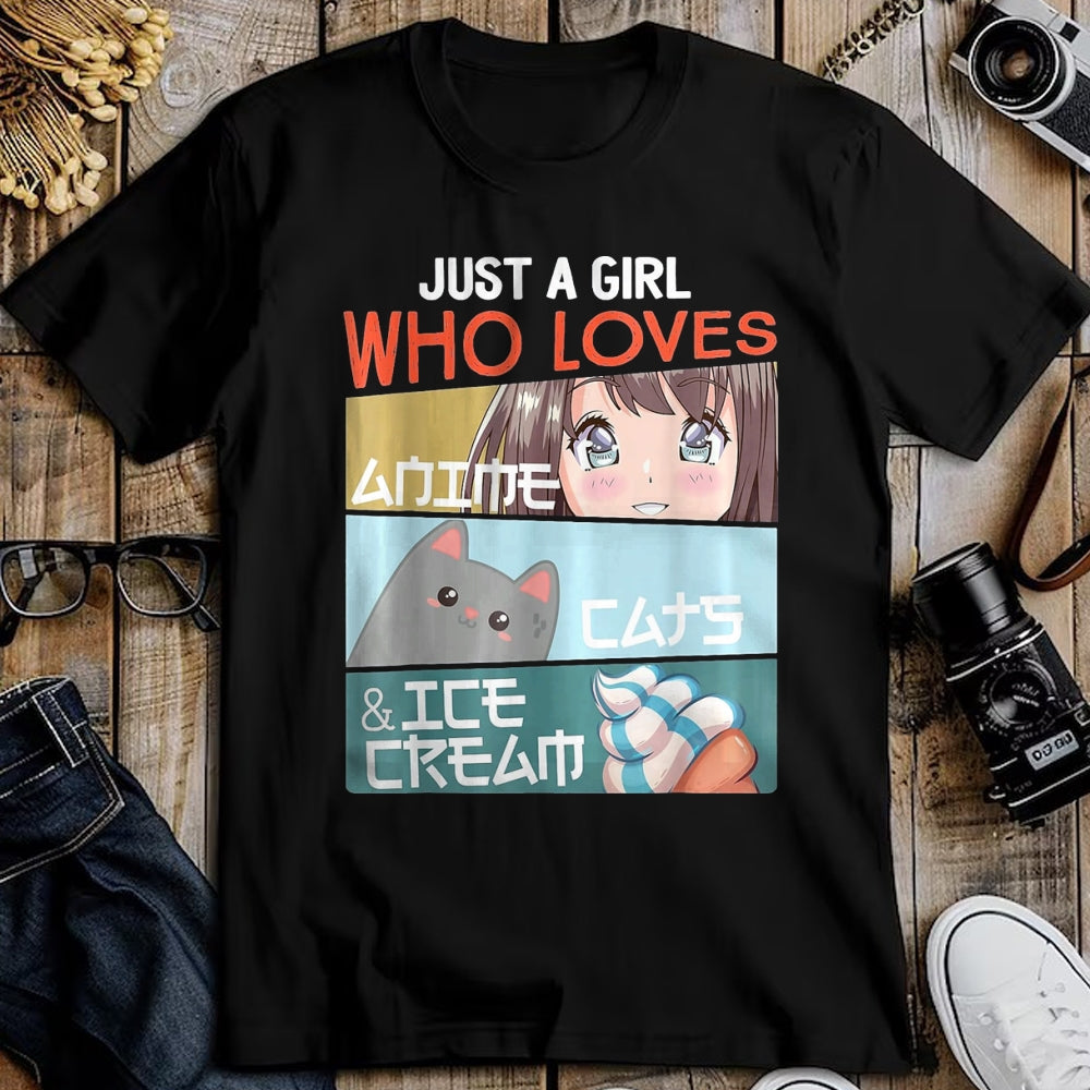 Cat Love Shirt, Funny Cat Lover Gift UnisexT-Shirt/Hoodie/Sweatshirt HLT00 - Just A Girl Who Loves Anime Cats Ice Cream Otaku Manga Lover T-Shirt, Women, Baby Blue, Large