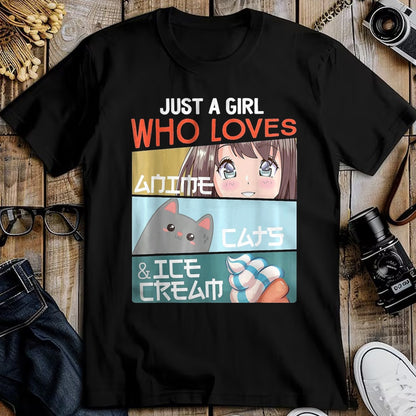 Cat Love Shirt, Funny Cat Lover Gift UnisexT-Shirt/Hoodie/Sweatshirt HLT00 - Just A Girl Who Loves Anime Cats Ice Cream Otaku Manga Lover T-Shirt, Women, Baby Blue, Large