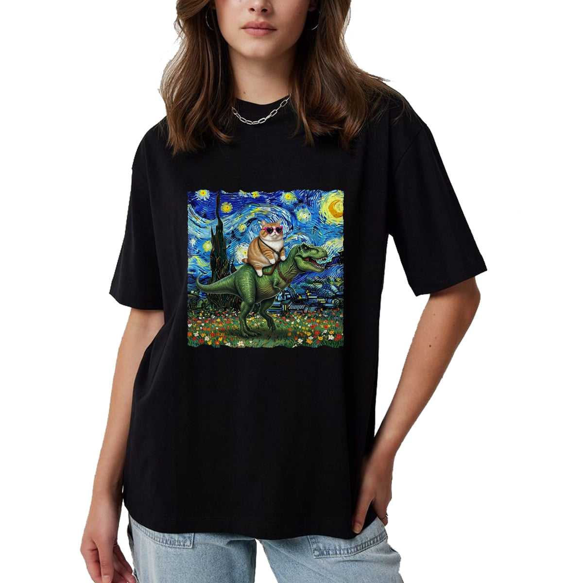 Cat Love Shirt, Funny Cat Lover Gift UnisexT-Shirt/Hoodie/Sweatshirt HLT00 - Cat Riding Dinosaur T-Rex Starry Night Van Gogh Cat Lover T-Shirt