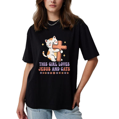 Cat Love Shirt, Funny Cat Lover Gift UnisexT-Shirt/Hoodie/Sweatshirt HLT00 - Christian This Girl Loves Jesus and Cats Cat Hugging Cross T-Shirt (1)