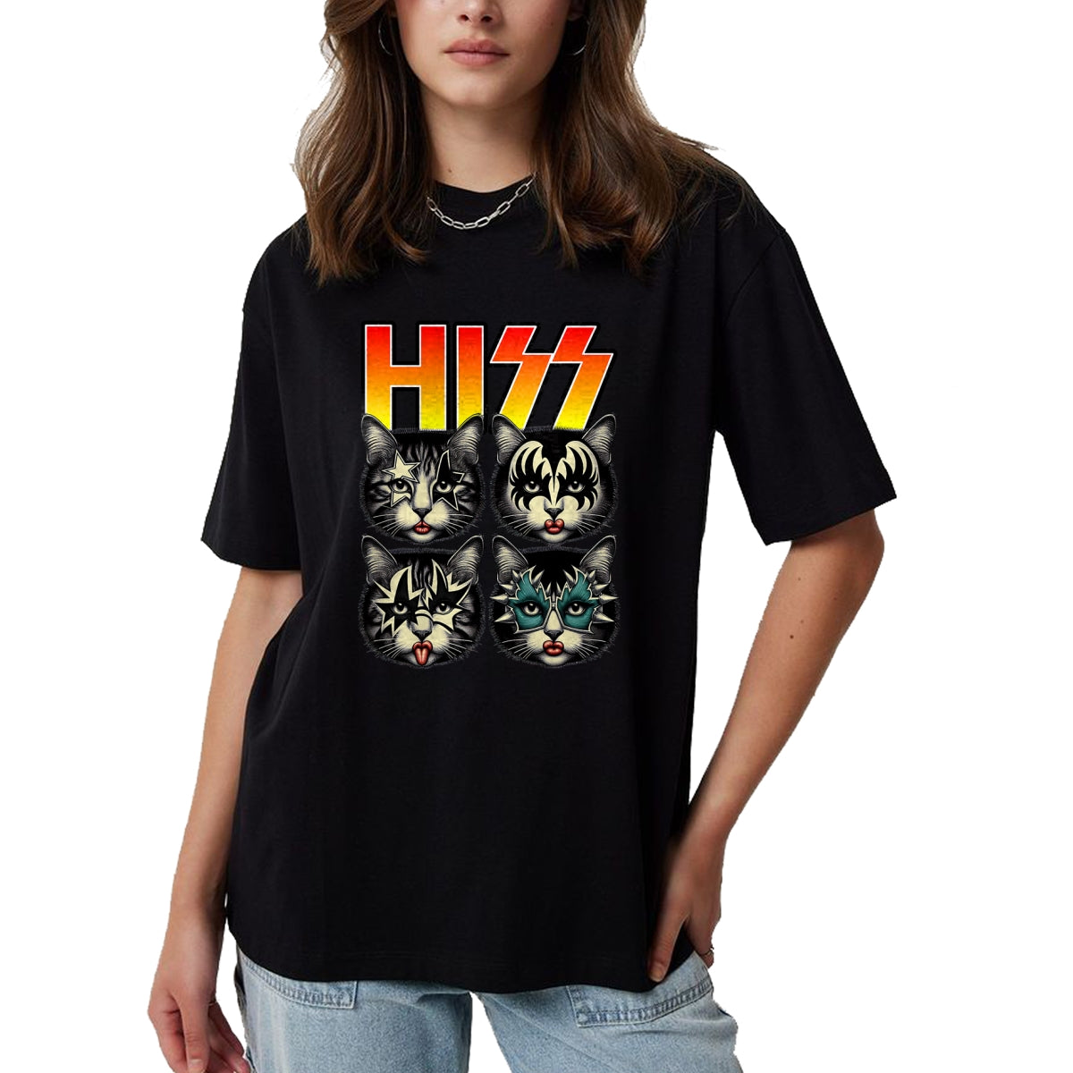 Cat Love Shirt, Funny Cat Lover Gift UnisexT-Shirt/Hoodie/Sweatshirt HLT00 - Retro Cat Rock Music Concert Band Hiss Funny Cat Kitten Love T-Shirt (1)