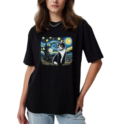 Cat Love Shirt, Funny Cat Lover Gift UnisexT-Shirt/Hoodie/Sweatshirt HLT00 - Tuxedo Cat Starry Night Painting Tuxedo Cat Owner T-Shirt, Men, Black, 3X-Large
