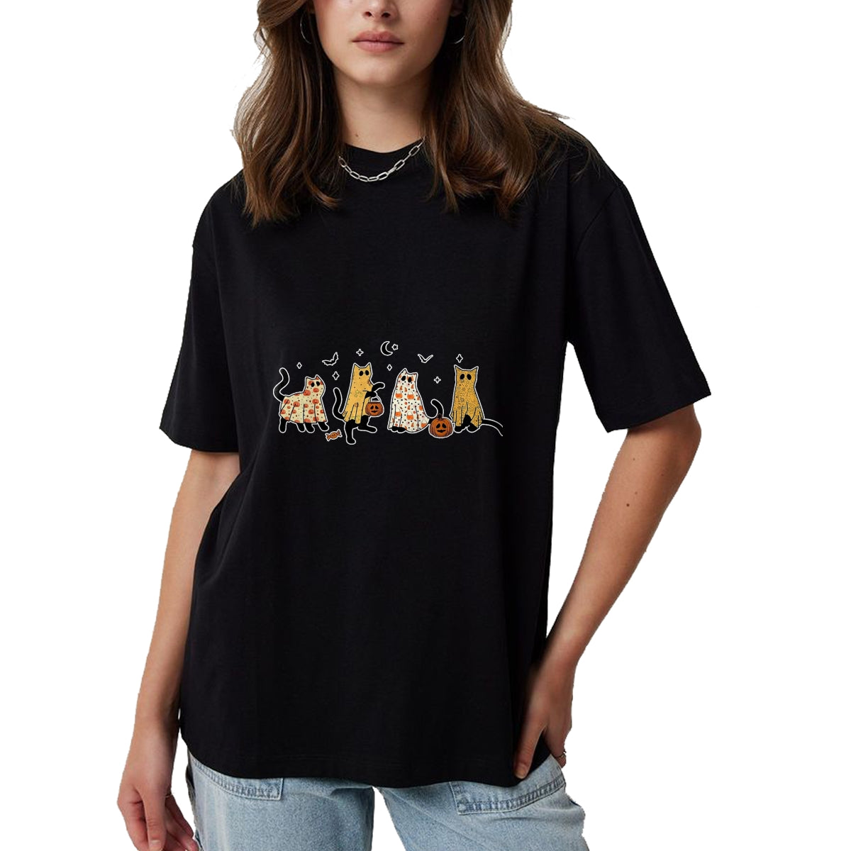 Cat Love Shirt, Funny Cat Lover Gift UnisexT-Shirt/Hoodie/Sweatshirt HLT00 - Cute Black Cats in Ghost Costume Women and Men Halloween T-Shirt, Women, Black, Medium