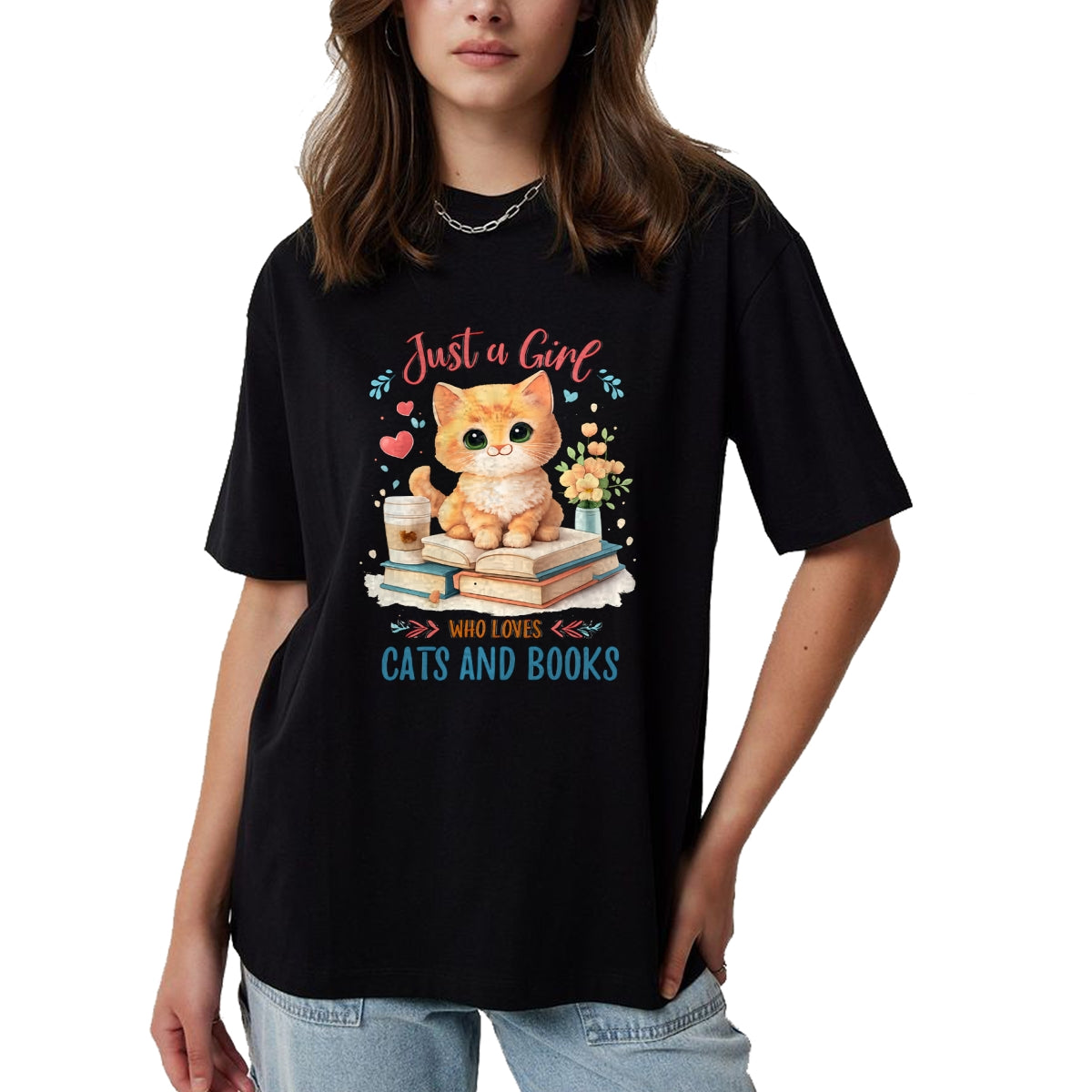 Cat Love Shirt, Funny Cat Lover Gift UnisexT-Shirt/Hoodie/Sweatshirt HLT00 - Just a Girl Who Loves Cats and Books Reading Cat & Bookworm Long Sleeve T-Shirt