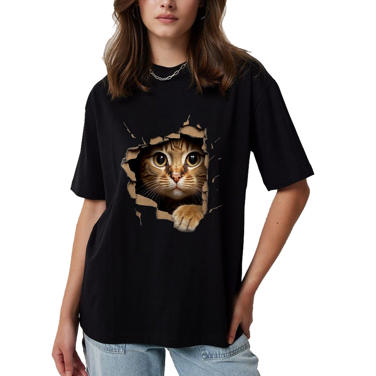 Cat Love Shirt, Funny Cat Lover Gift UnisexT-Shirt/Hoodie/Sweatshirt HLT00 - Cute Kitten Looks from Torn Fabric - Cats T-Shirt, Men, Olive Green, X-Large