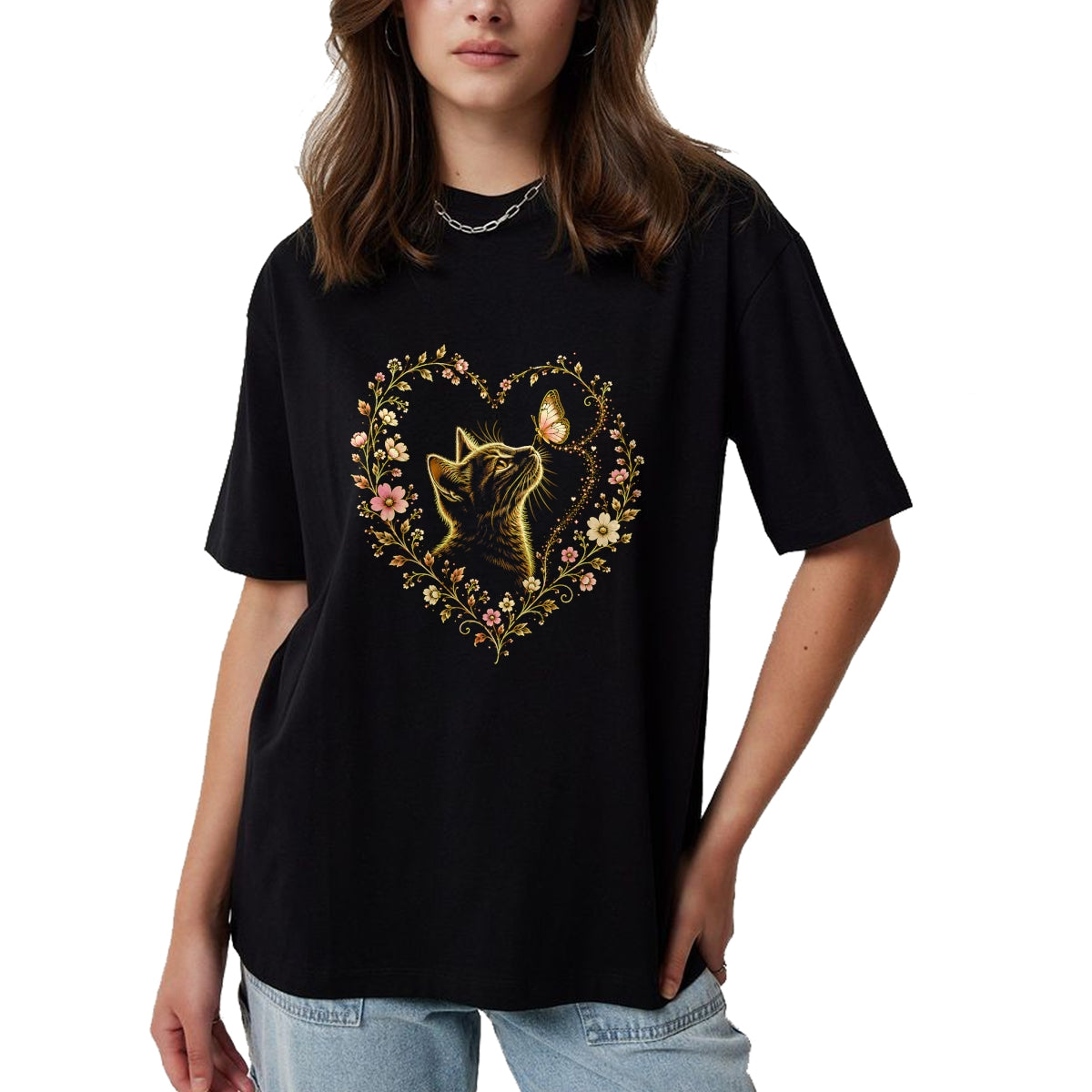 Cat Love Shirt, Funny Cat Lover Gift UnisexT-Shirt/Hoodie/Sweatshirt HLT00 - Butterfly Cat Floral Heart Cute Magical Art Aesthetic Design T-Shirt