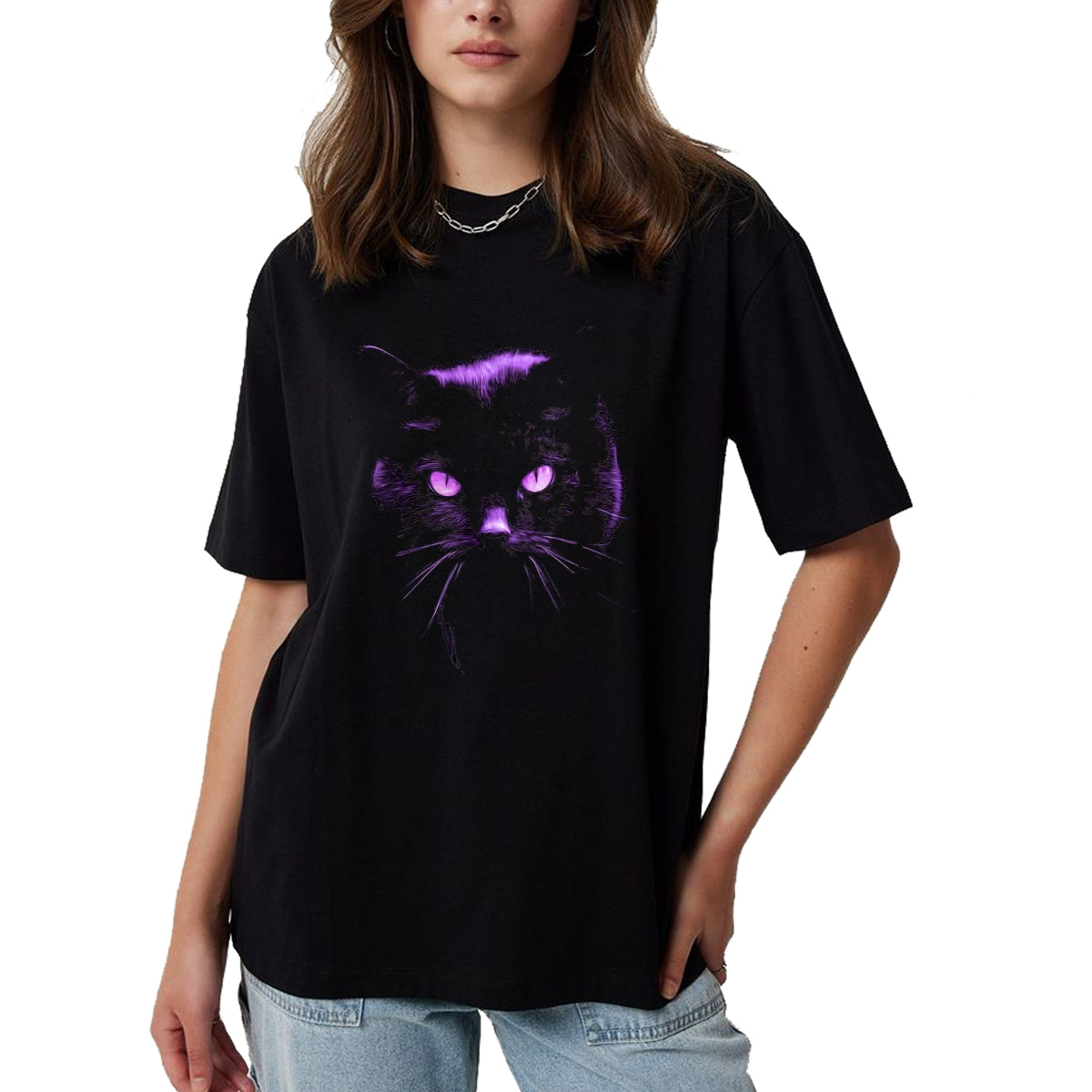 Cat Love Shirt, Funny Cat Lover Gift UnisexT-Shirt/Hoodie/Sweatshirt HLT00 - Cool Halloween Shirt Purple Cat, Witches Familiar, Cat_s Eye T-Shirt, Women, Black, X-Large