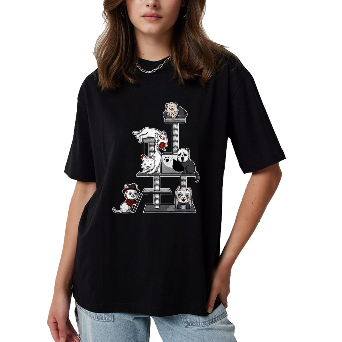 Cat Love Shirt, Funny Cat Lover Gift UnisexT-Shirt/Hoodie/Sweatshirt HLT00 - Funny Horror Movie Cats Playing On Cat Tree T-Shirt, Men, Black, XX-Large