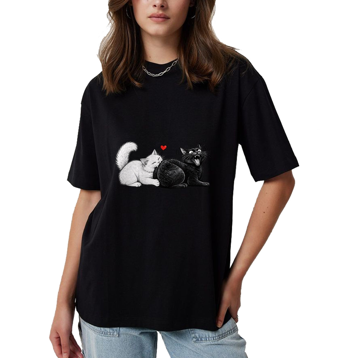 Cat Love Shirt, Funny Cat Lover Gift UnisexT-Shirt/Hoodie/Sweatshirt HLT00 - Women_s Funny Cat Couple Black White Cats Love Cat Biting Cat Butt V-Neck T-Shirt (1)