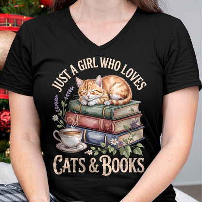 Cat Love Shirt, Funny Cat Lover Gift UnisexT-Shirt/Hoodie/Sweatshirt HLT00 - Just A Girl Who Loves Cats and Books Reading Librarian T-Shirt