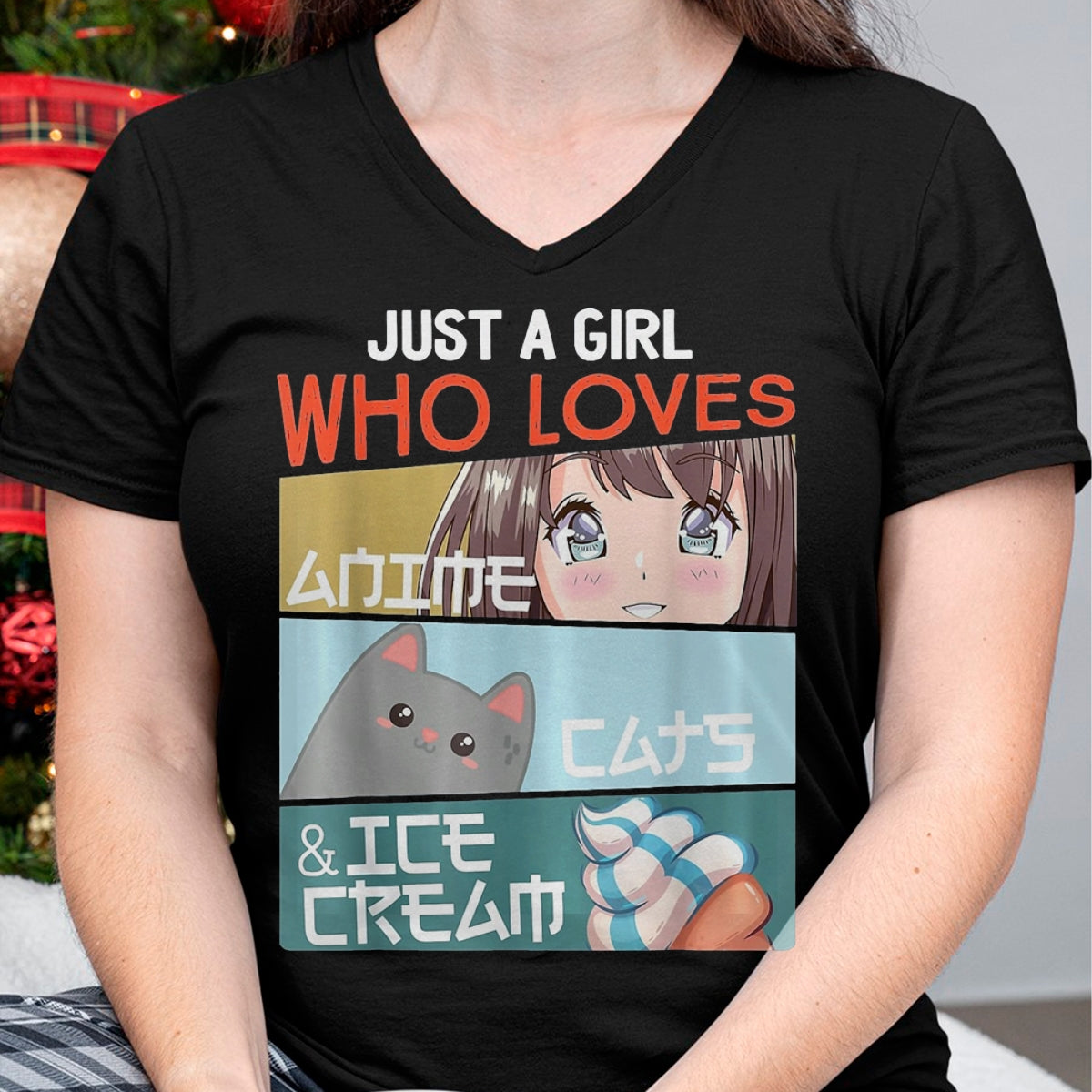 Cat Love Shirt, Funny Cat Lover Gift UnisexT-Shirt/Hoodie/Sweatshirt HLT00 - Just A Girl Who Loves Anime Cats Ice Cream Otaku Manga Lover T-Shirt, Women, Baby Blue, Large