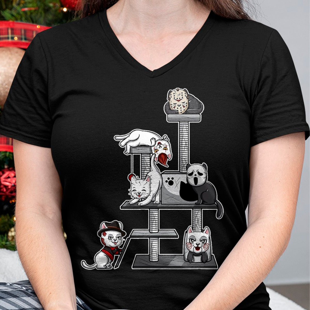 Cat Love Shirt, Funny Cat Lover Gift UnisexT-Shirt/Hoodie/Sweatshirt HLT00 - Funny Horror Movie Cats Playing On Cat Tree T-Shirt, Men, Black, XX-Large
