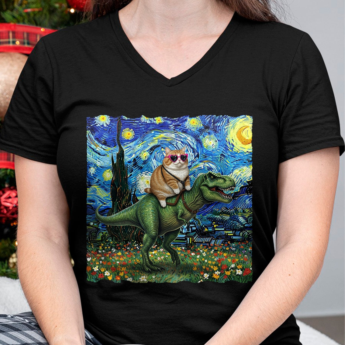 Cat Love Shirt, Funny Cat Lover Gift UnisexT-Shirt/Hoodie/Sweatshirt HLT00 - Cat Riding Dinosaur T-Rex Starry Night Van Gogh Cat Lover T-Shirt